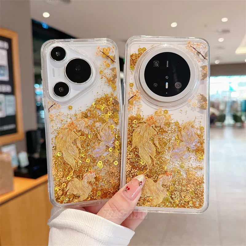 For Huawei Pura 70 Pro P60 Mate 40 50 60 Pro Case Glitter Shiny Bamboo Goldfish Liquid Quicksand Chinese Traditional Style Cover