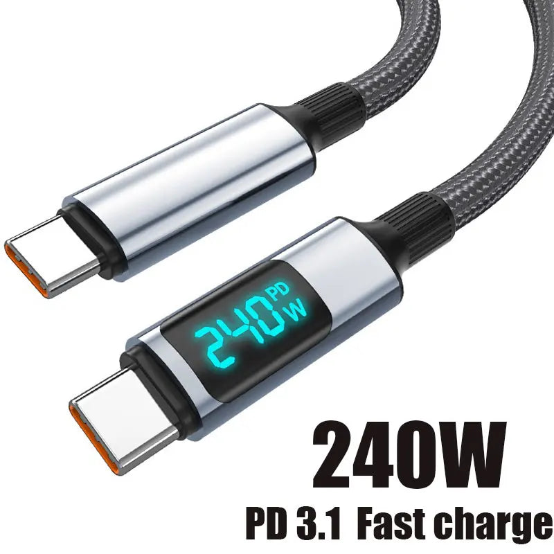 240W PD Fast Charging Type C to Type C Cable with 100W Digital Display USB C to USB C Cable for Xiaomi Huawei MacBook iPad