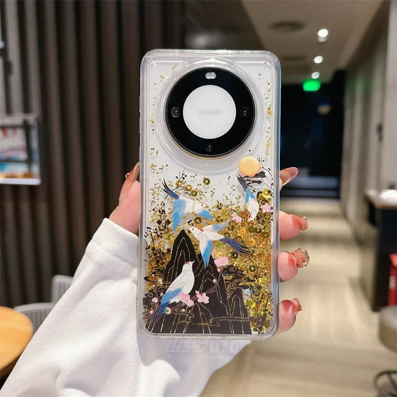 For Huawei Pura 70 Pro P60 Mate 40 50 60 Pro Case Glitter Shiny Bamboo Goldfish Liquid Quicksand Chinese Traditional Style Cover