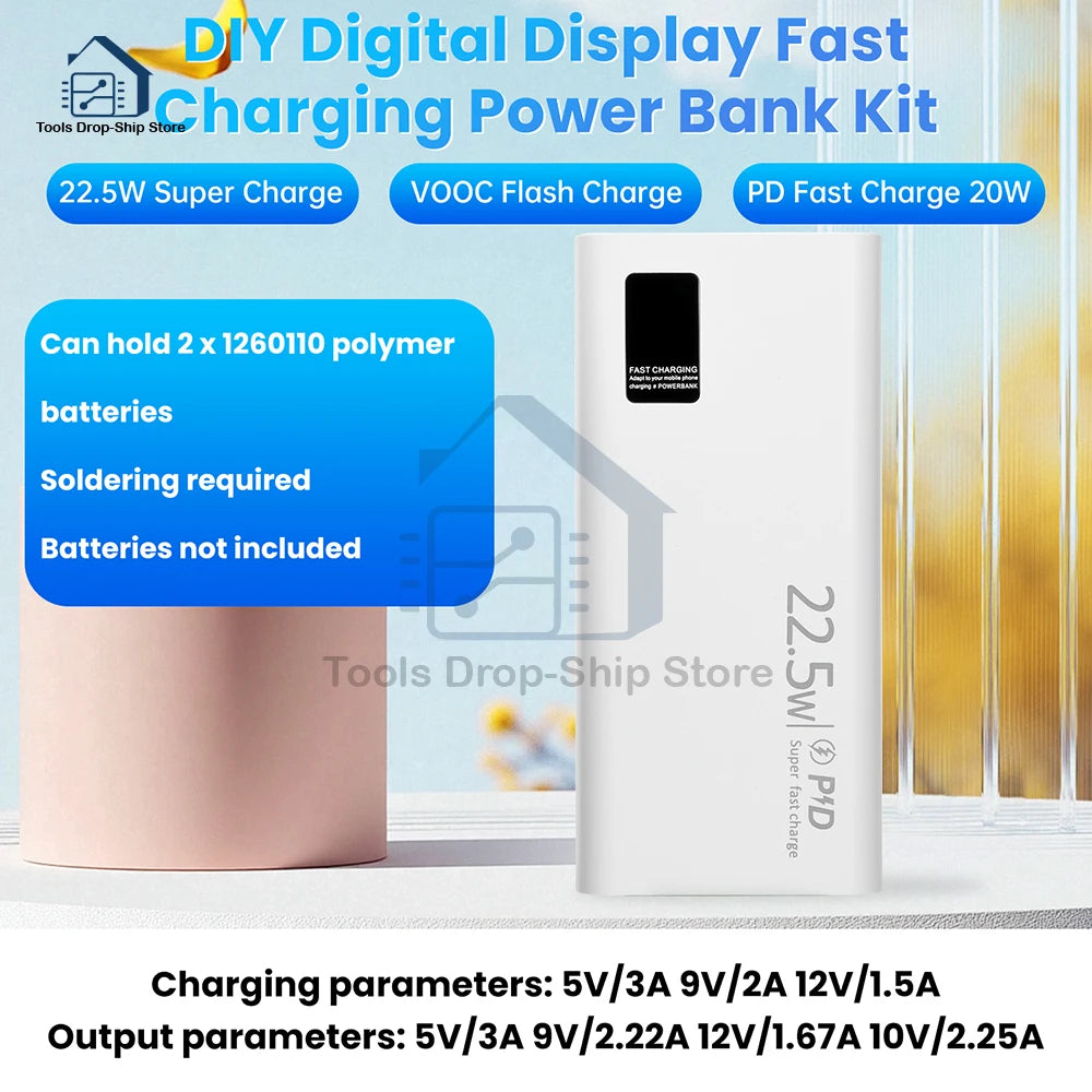 22.5W Fast Charging Module Power Bank Battery Holder 2* 1260110 Quick Charge PD Battery Holder Power Bank Case DIY Shell