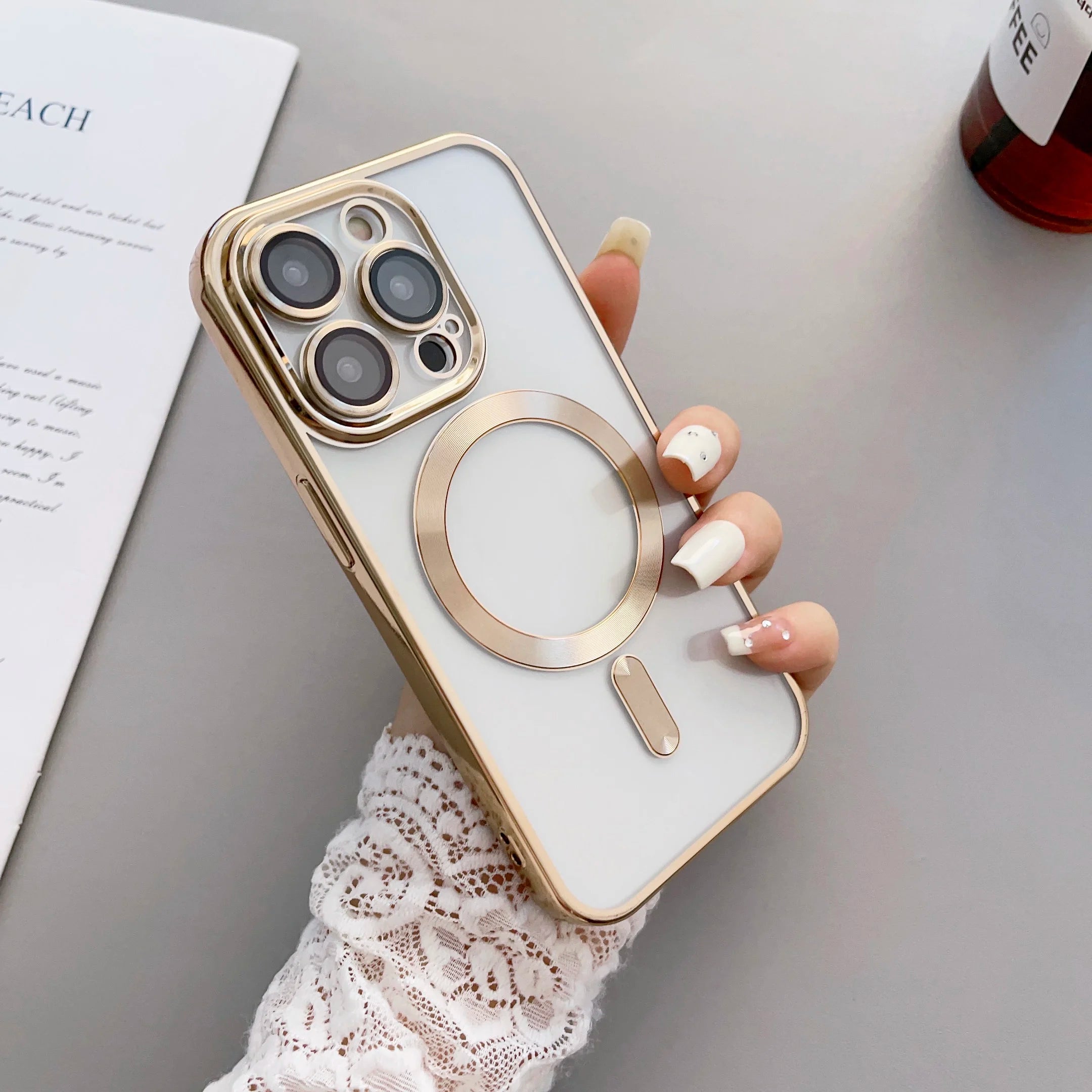 Luxury Plating Magnetic Wireless Charging Soft TPU Phone Case for iPhone 15 14 13 12 11 Pro Max Magsafe Lens Film Clear Cover
