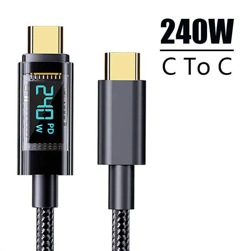 240W PD Fast Charging Type C to Type C Cable with 100W Digital Display USB C to USB C Cable for Xiaomi Huawei MacBook iPad
