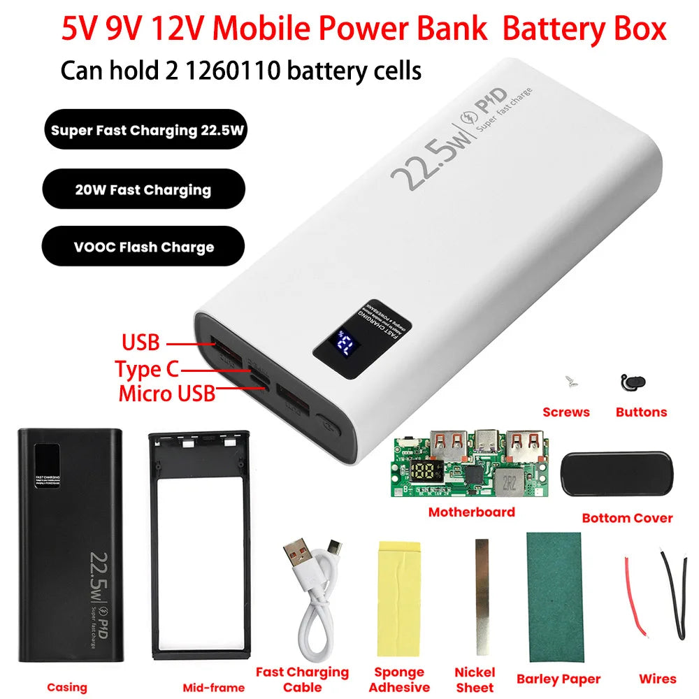 22.5W Fast Charging Module Power Bank Battery Holder 2* 1260110 Quick Charge PD Battery Holder Power Bank Case DIY Shell
