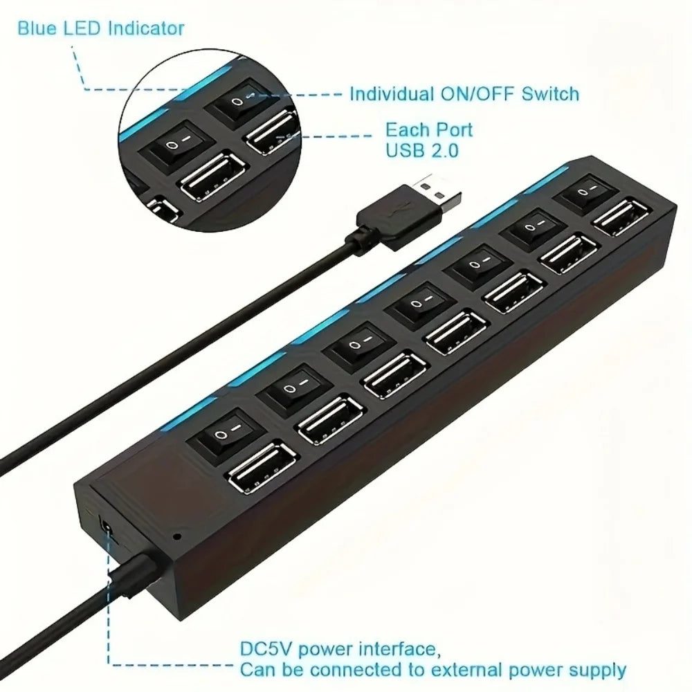 7 Ports USB 2.0 Hub LED 5Gbps High Speed Multiports USB Power Adapter Expander USB Splitter With Switch For Laptop Computer Home