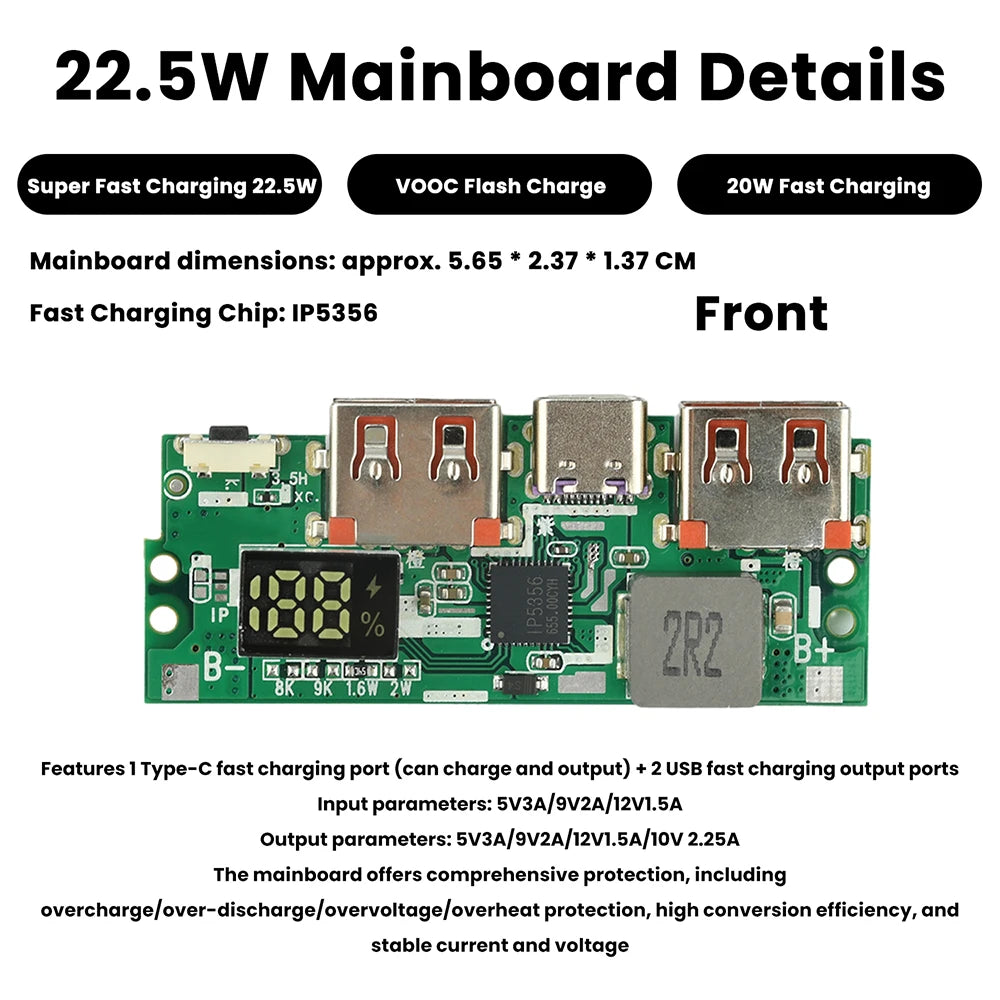 22.5W Fast Charging Module Power Bank Battery Holder 2* 1260110 Quick Charge PD Battery Holder Power Bank Case DIY Shell