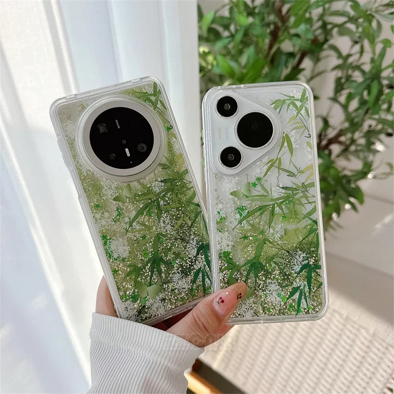 For Huawei Pura 70 Pro P60 Mate 40 50 60 Pro Case Glitter Shiny Bamboo Goldfish Liquid Quicksand Chinese Traditional Style Cover