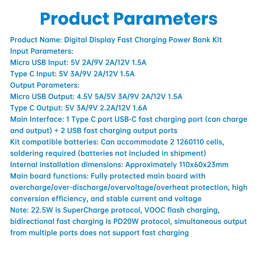 22.5W Fast Charging Module Power Bank Battery Holder 2* 1260110 Quick Charge PD Battery Holder Power Bank Case DIY Shell